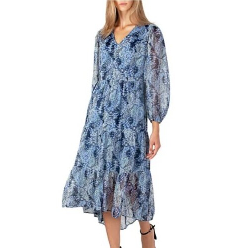 Joie Blue Printed Chiffon Balloon Sleeve Midi Dress Size XXL - NEW - Picture 2 of 9